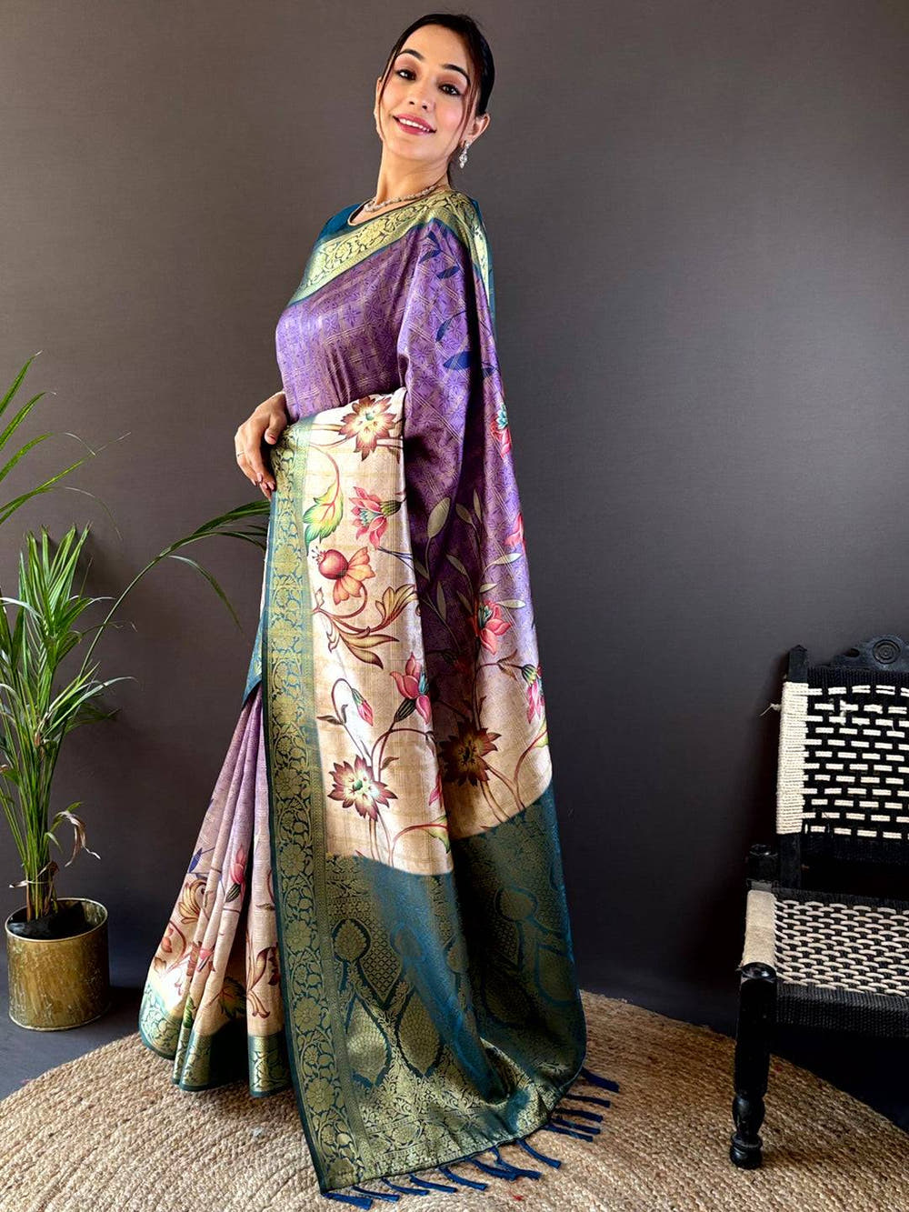 Purple Ombre Floral Digital Print Saree