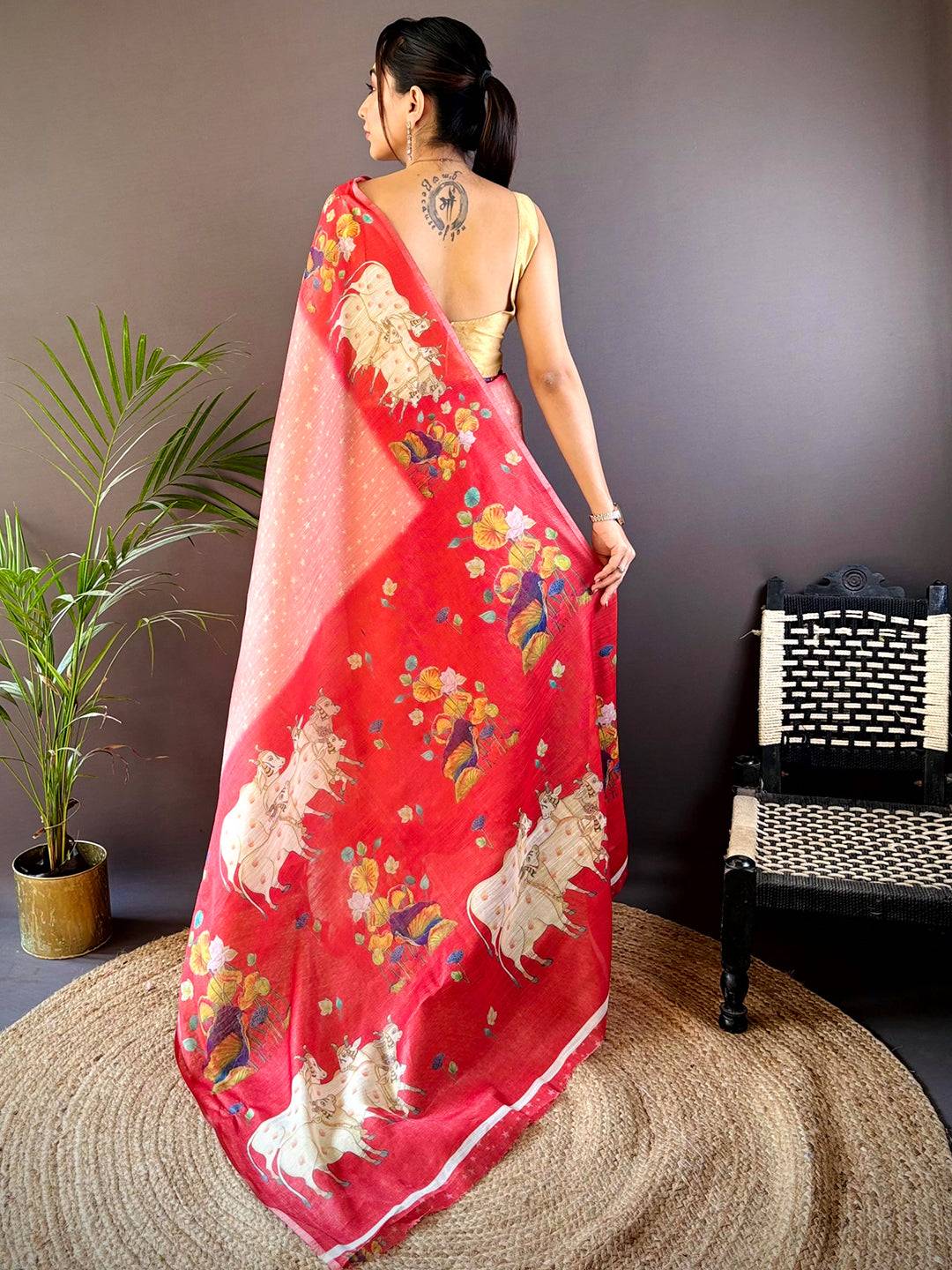 Red Chanderi Pichwai Print Saree