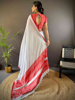 Bhagalpuri Linen Saree With Red Colour Small Patti