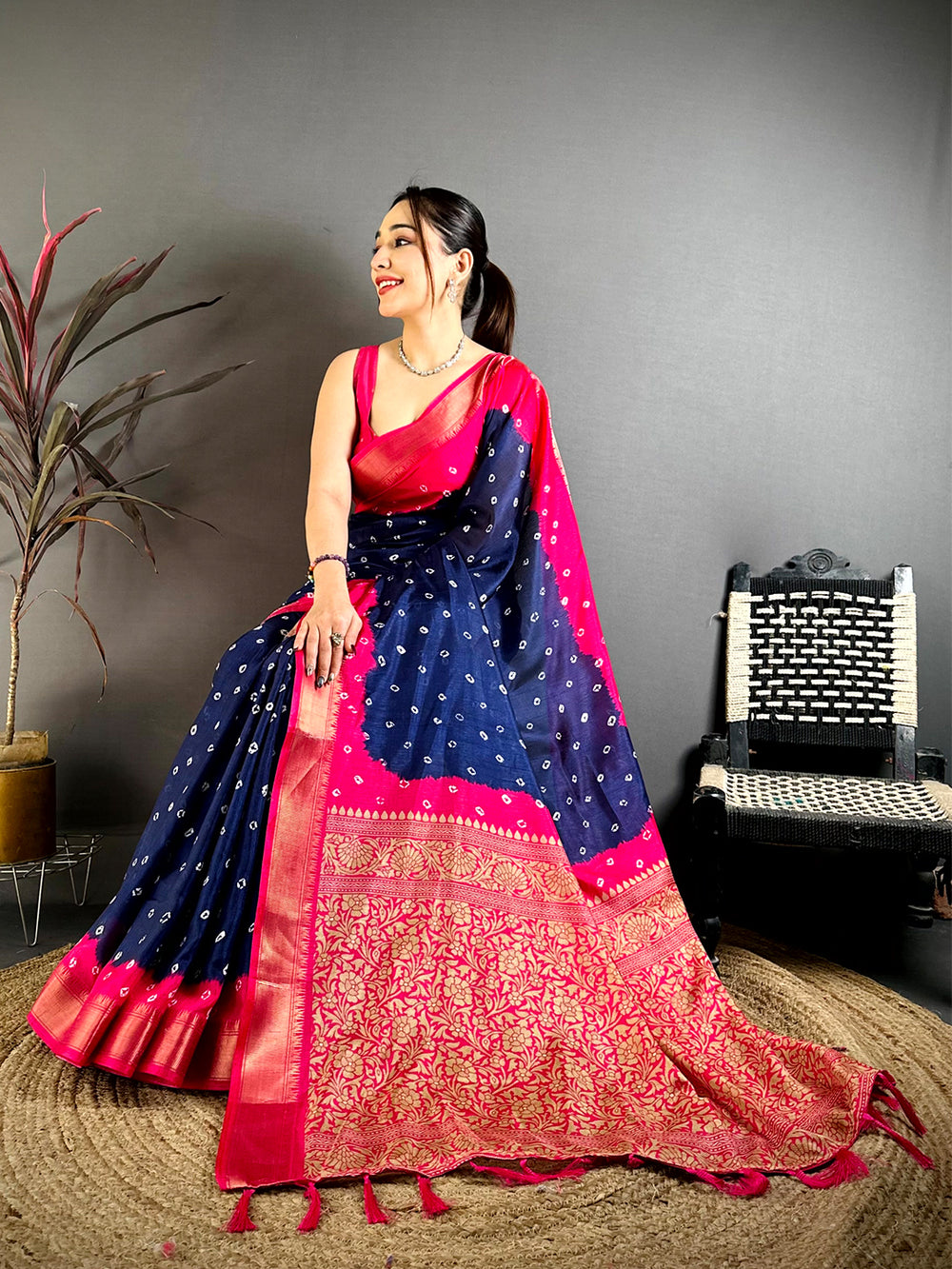 Navy Bandhej Printed Dola Silk Saree