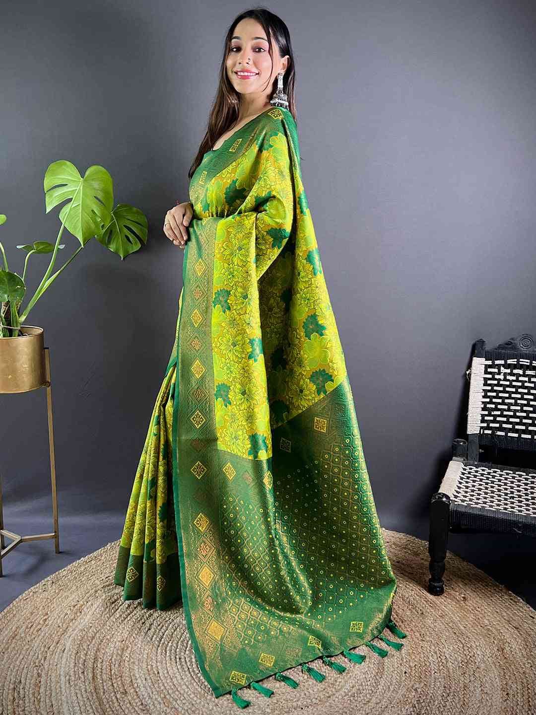 Side view of Sage Green Soft Silk Butta Weaving Saree