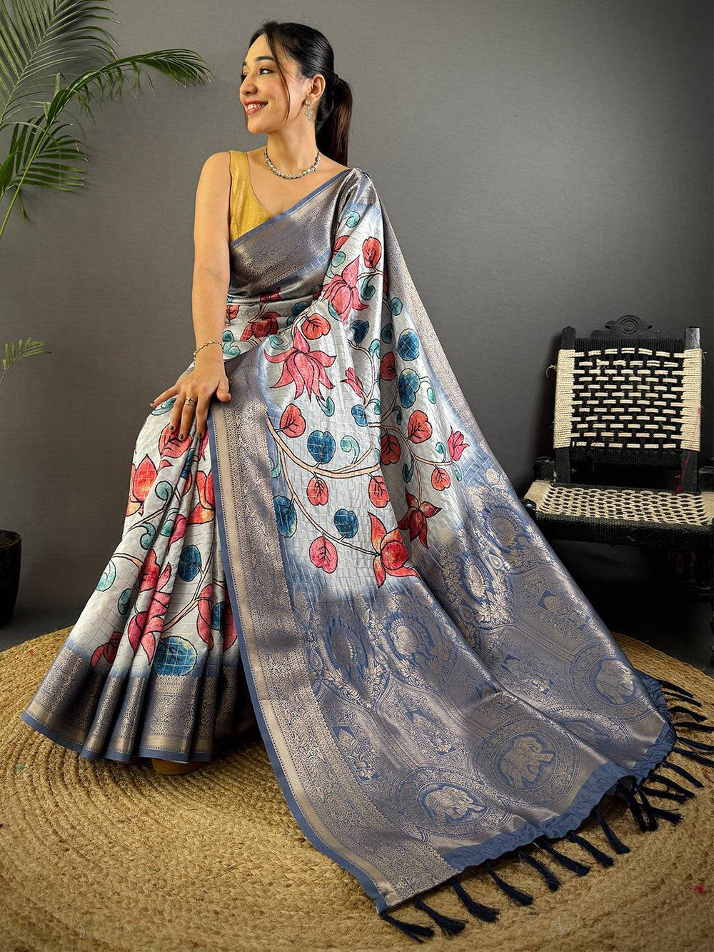 Blue Freehand Design Gadwal Saree