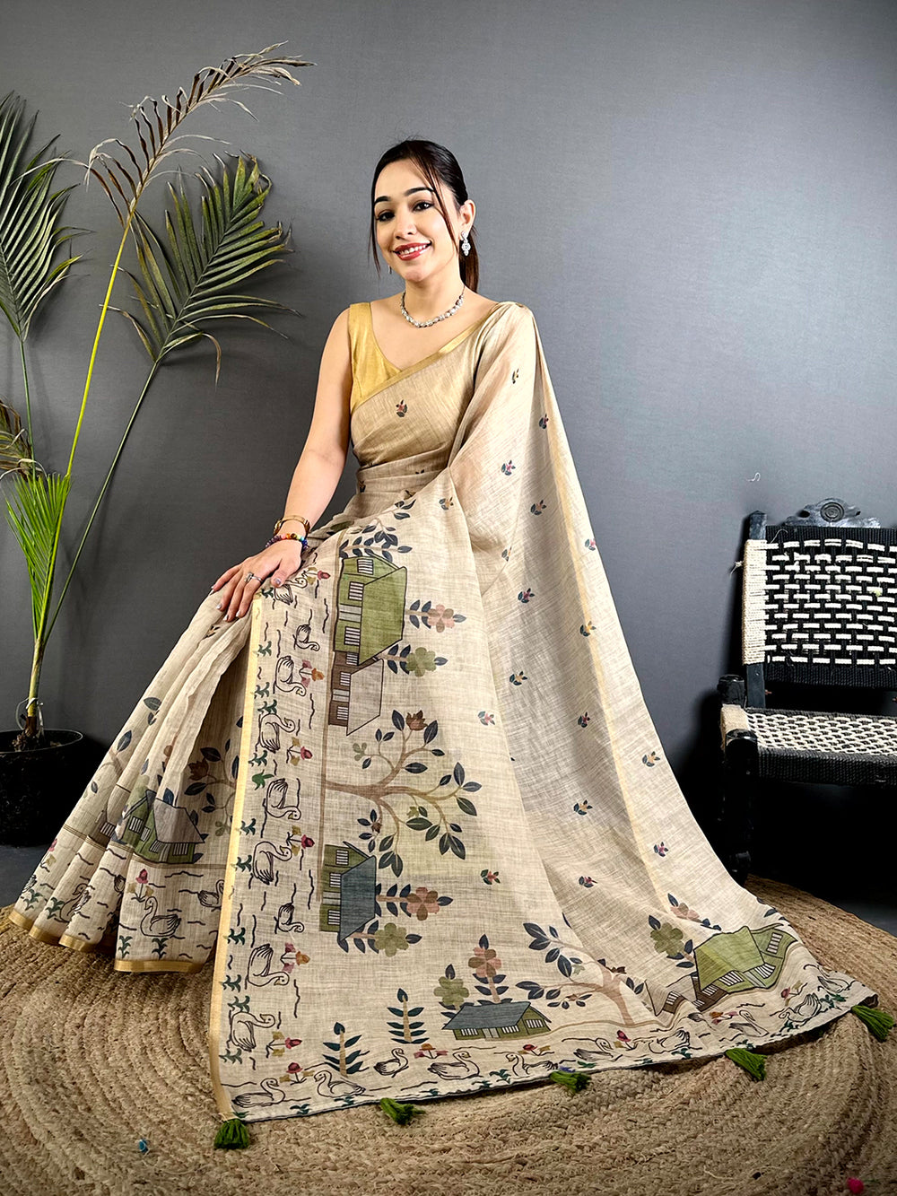 Beige Kalamkari Madhubani Print Saree