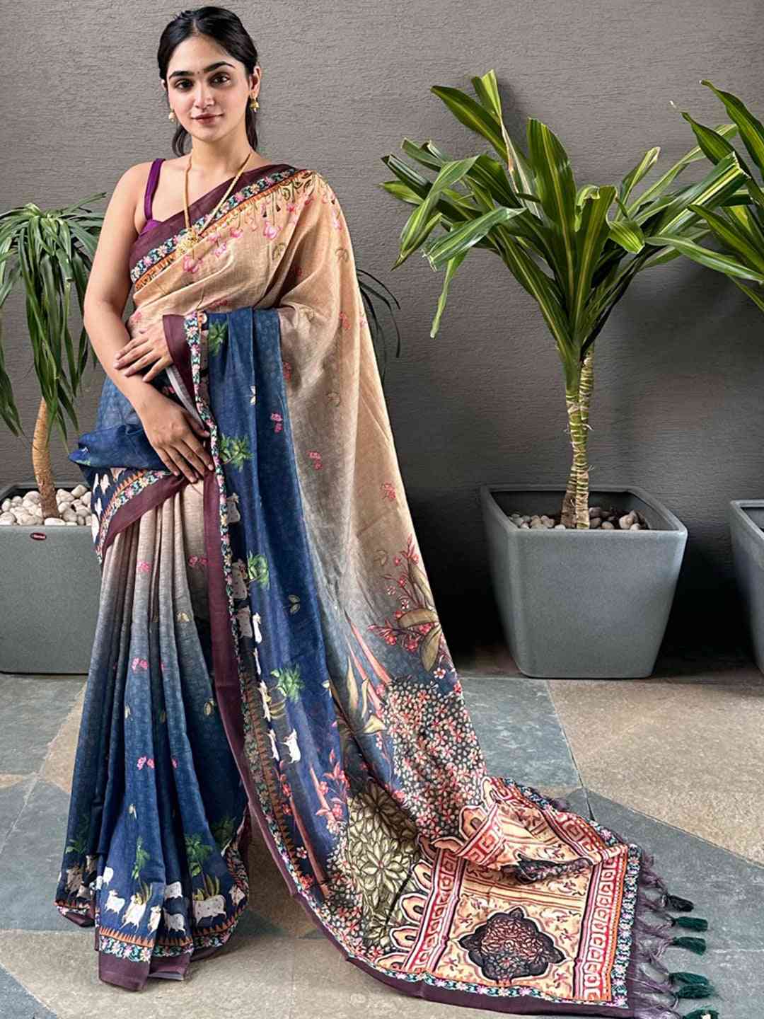  Blue Colour Soft Linen Ombre Pichwai Printed Saree