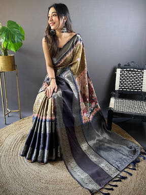 Olive Banarasi Pichwai Print Saree