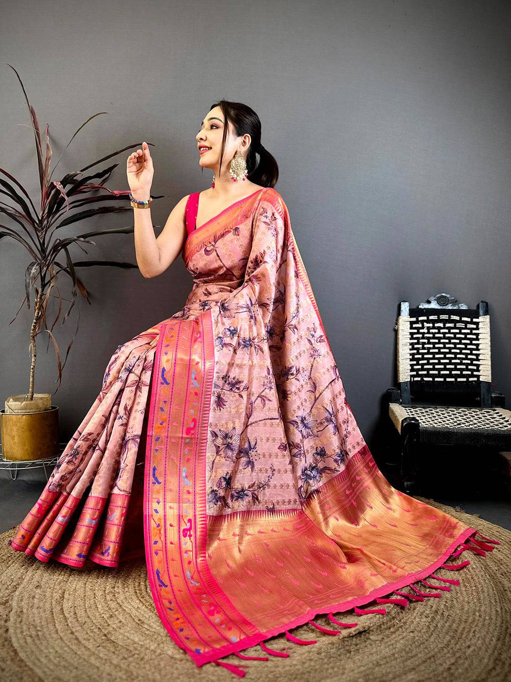 Dark Peach Paithani Border Kora Tissue Saree