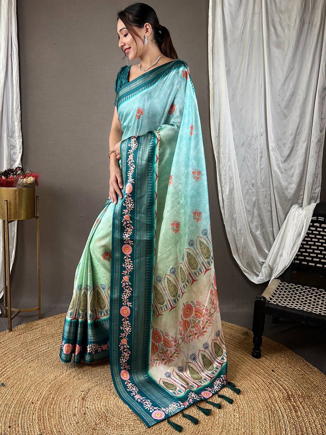 Model wearing Poppy Blue Kota Saree with rich Gadhwal Satin border