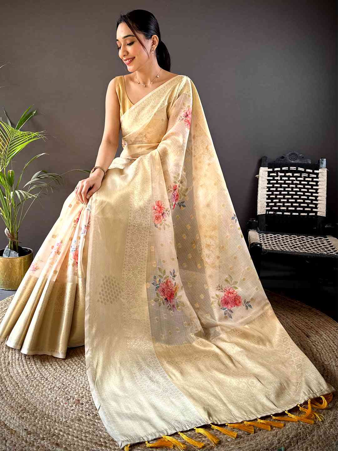 Elegant White Floral Kota Doriya Saree