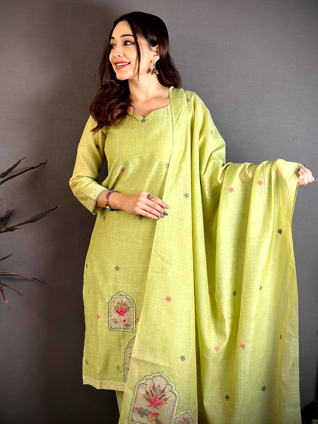 Lime Green Hand Embroidered Suit Set