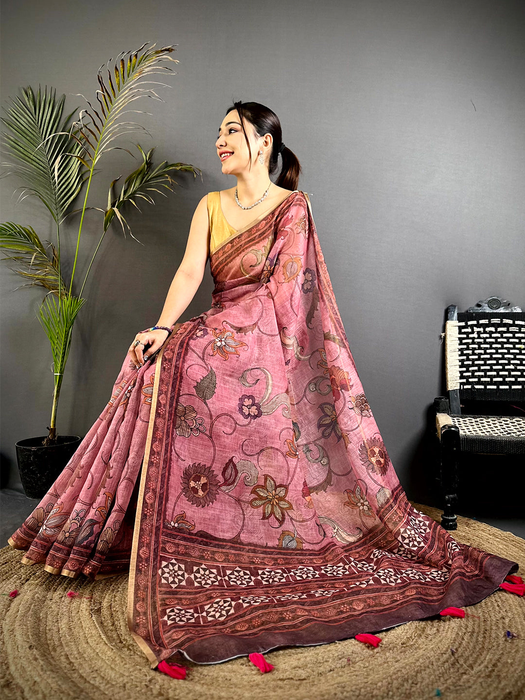 Classic Linen Tissue Ajrak Zari Saree