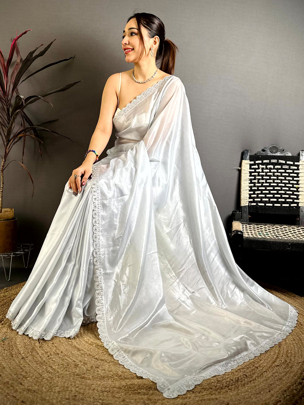 Opulent Silver Glass Swarovski Silk Saree