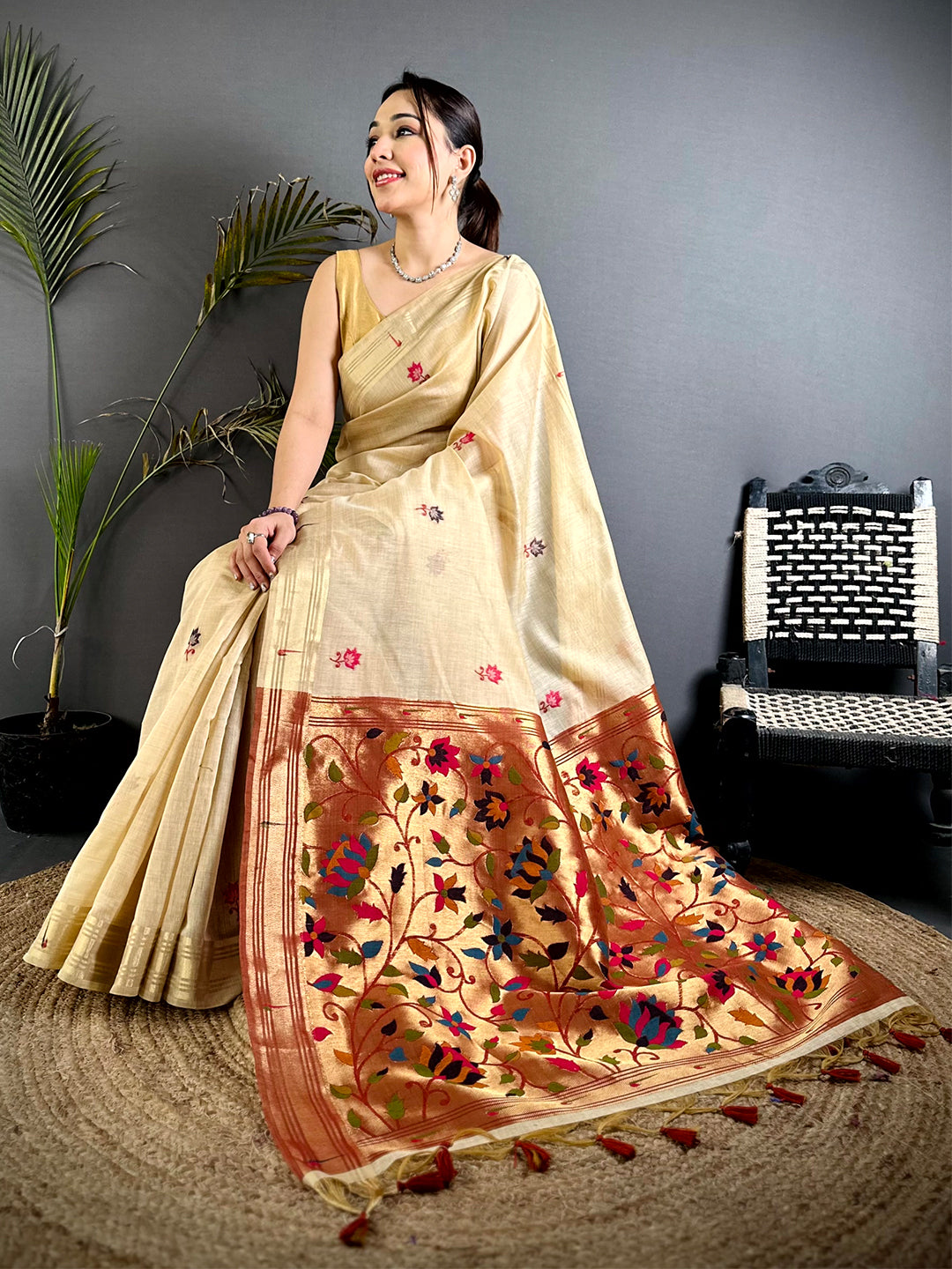 Elegance Minakari Butti Khadi Linen Saree


