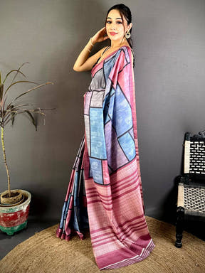Multicolour Block Ghicha Print Tussar Saree