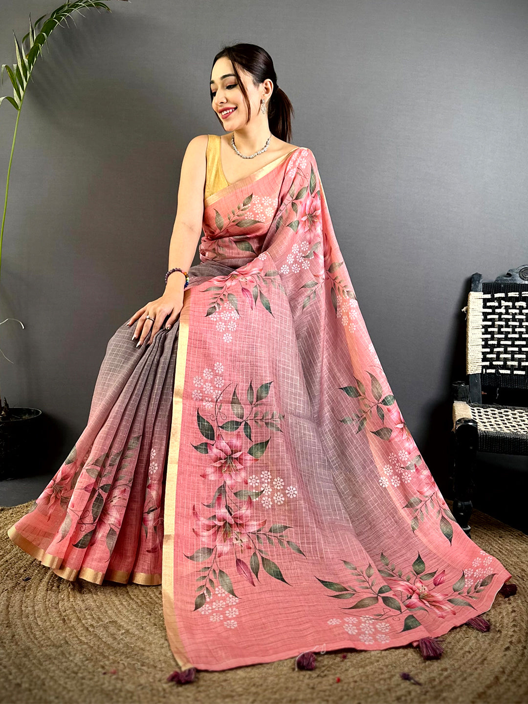 Heritage Soft Linen Gold Zari Floral Saree