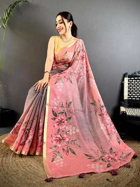 Heritage Soft Linen Gold Zari Floral Saree