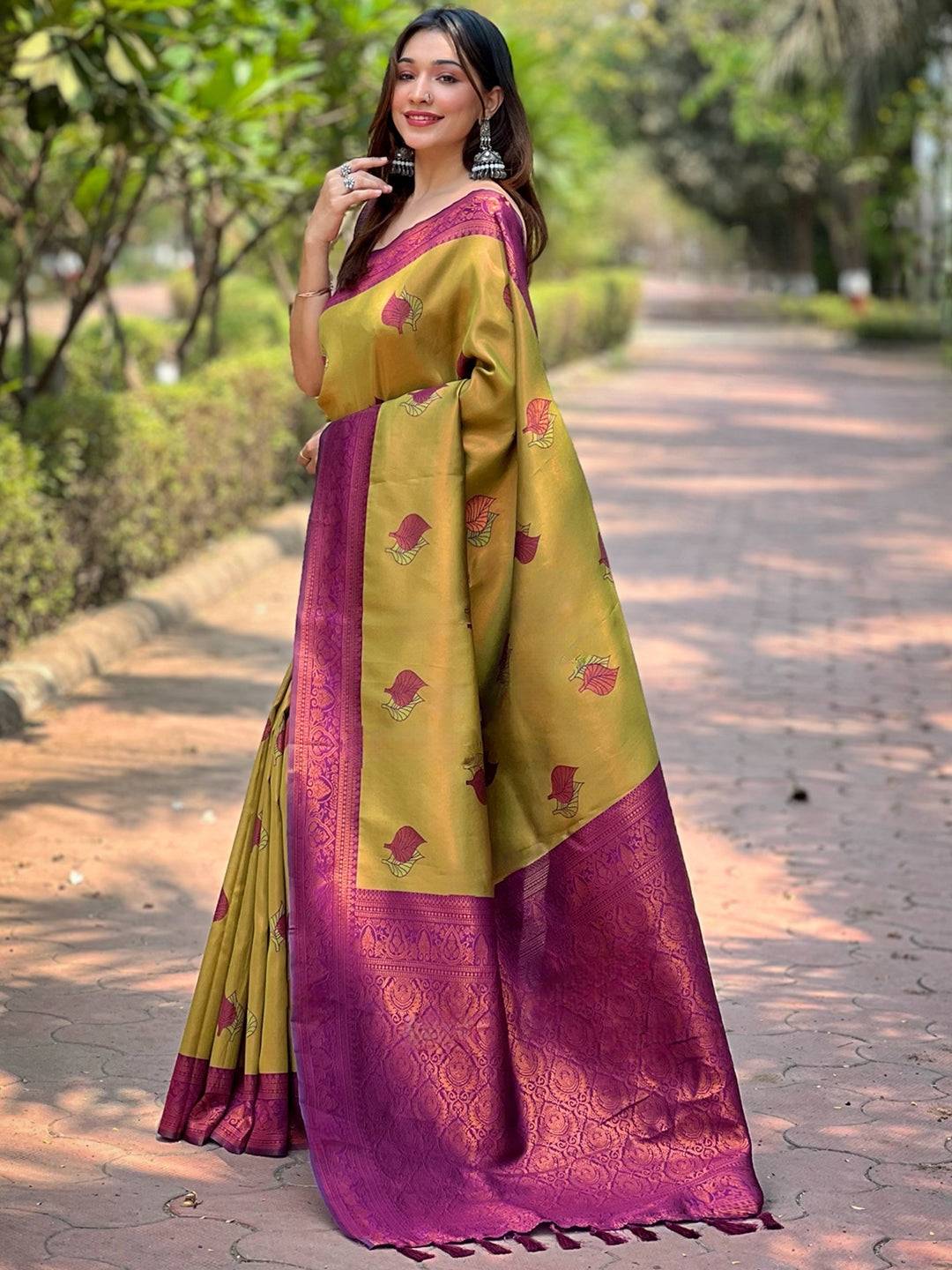 Traditional Kanjivaram saree in Dijon with rich zari work