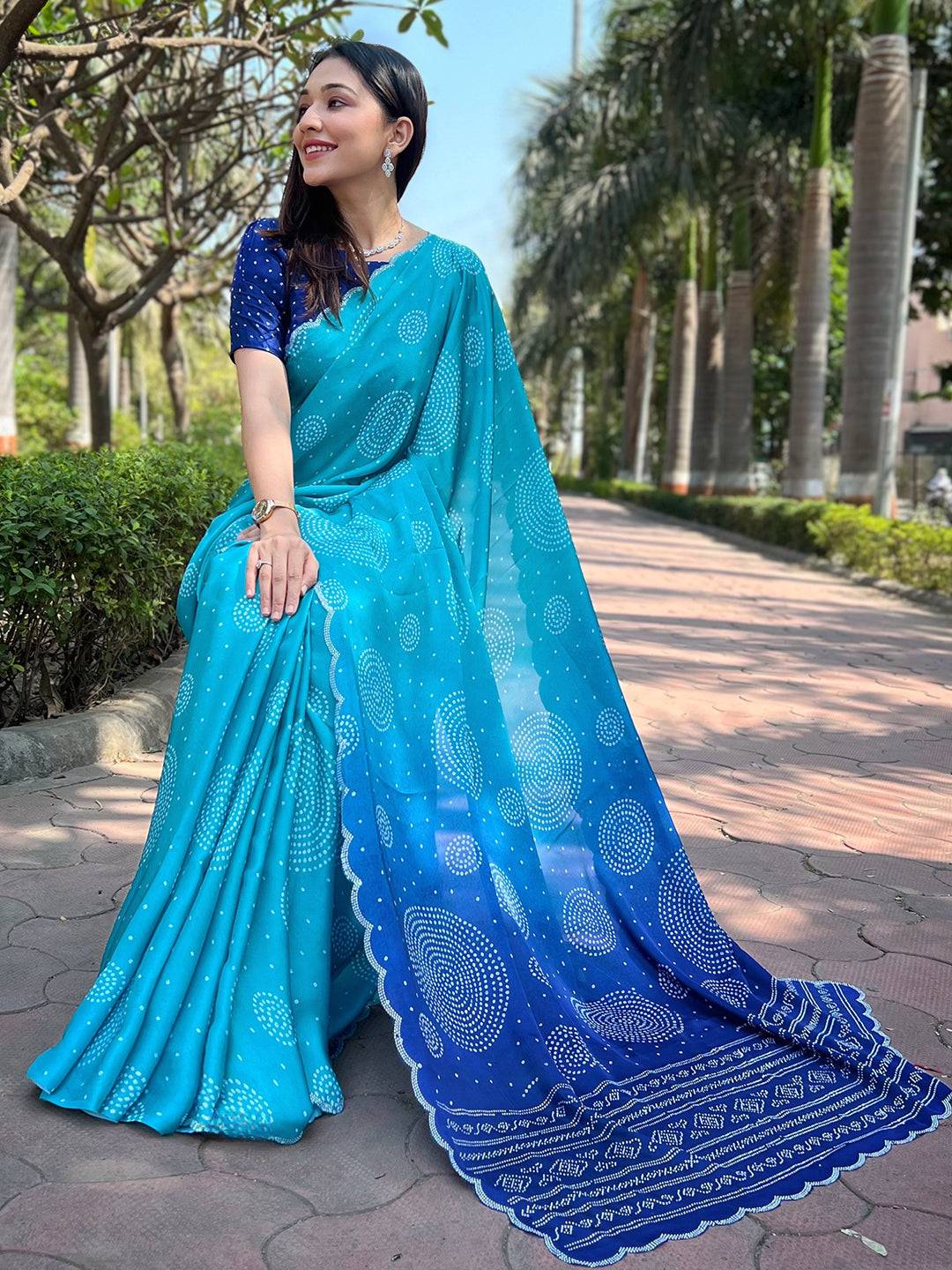 Georgette Silk Saree with Ombre Bandhej Print & Stone Work