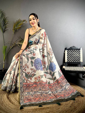 Ivory Floral Soft Linen Summer Saree


