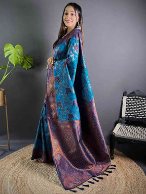 Side view of royal blue soft silk butta weaving saree