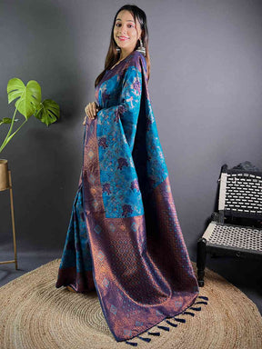Side view of royal blue soft silk butta weaving saree