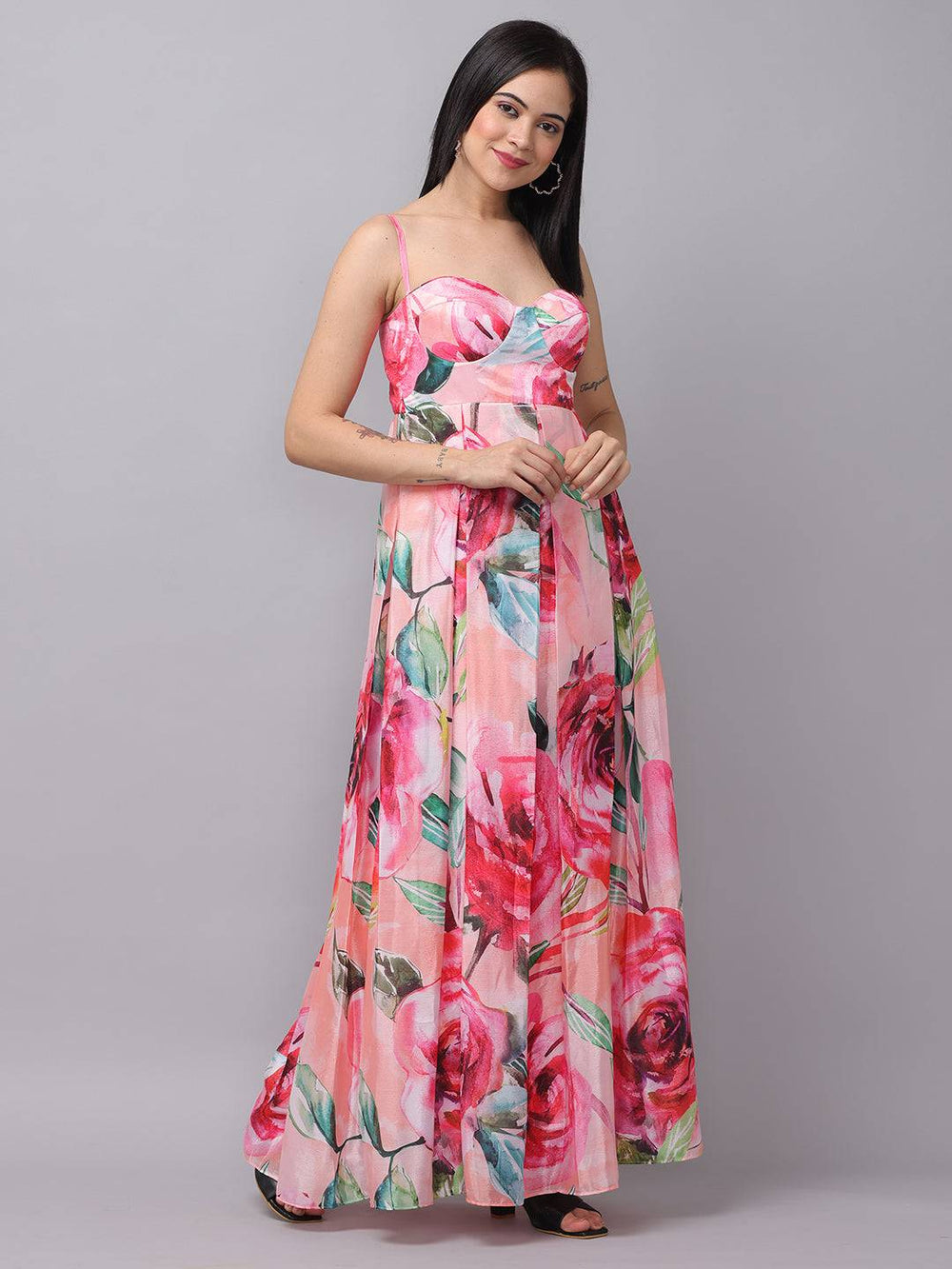 Rose Mist Chiffon Printed Dress front view