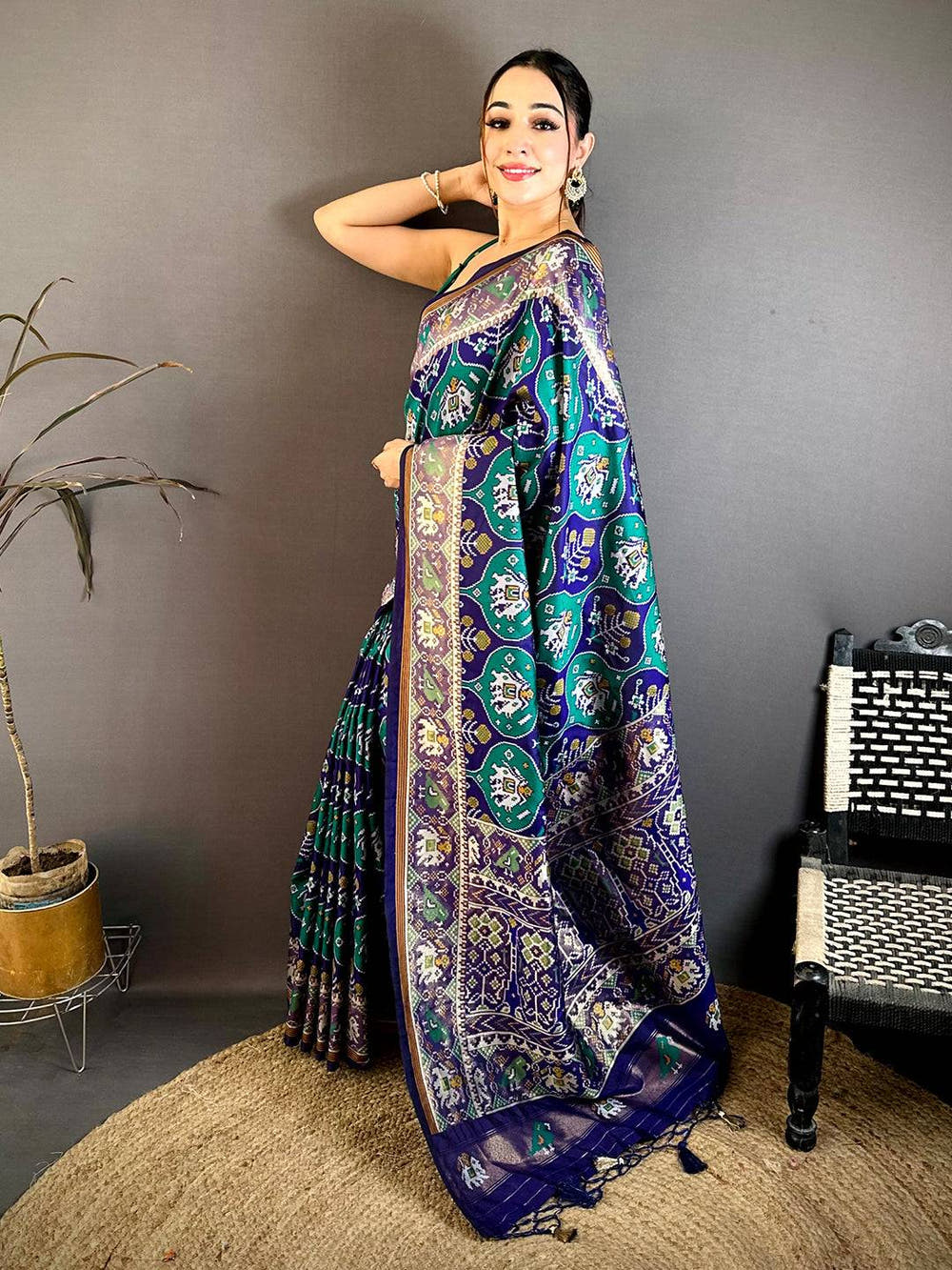 Teal Patola Weave Soft Sami Silk Saree