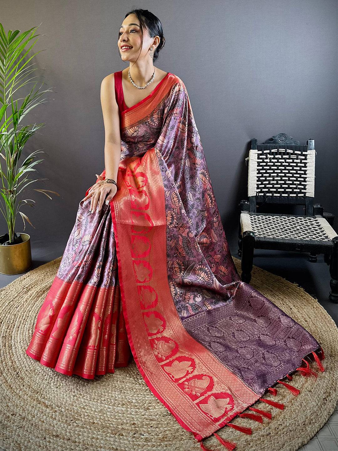 Charry Satin Silk Kalamkari Saree