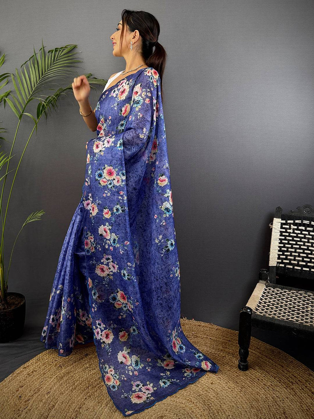 Royal Blue Kota Floral Digital Cut Work Saree