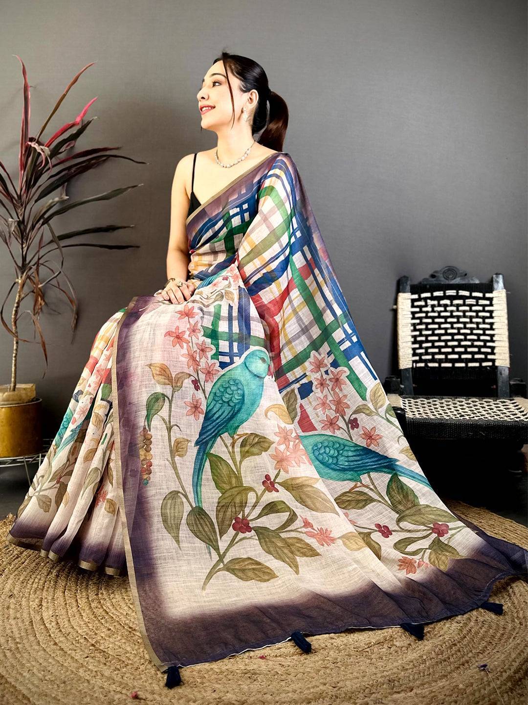 Elegant Linen Chanderi Check Saree