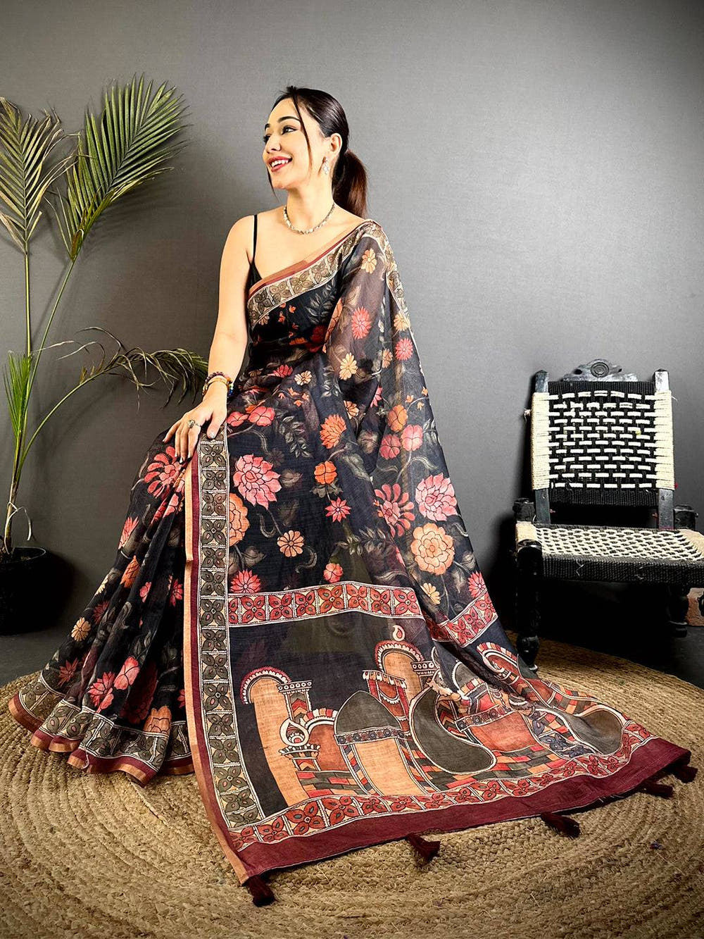 Traditional Floral Kalamkari Soft Linen Saree