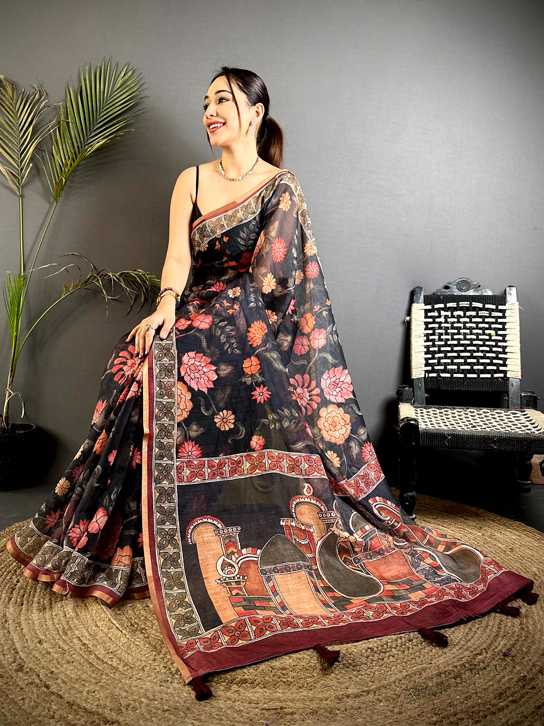 Traditional Floral Kalamkari Soft Linen Saree