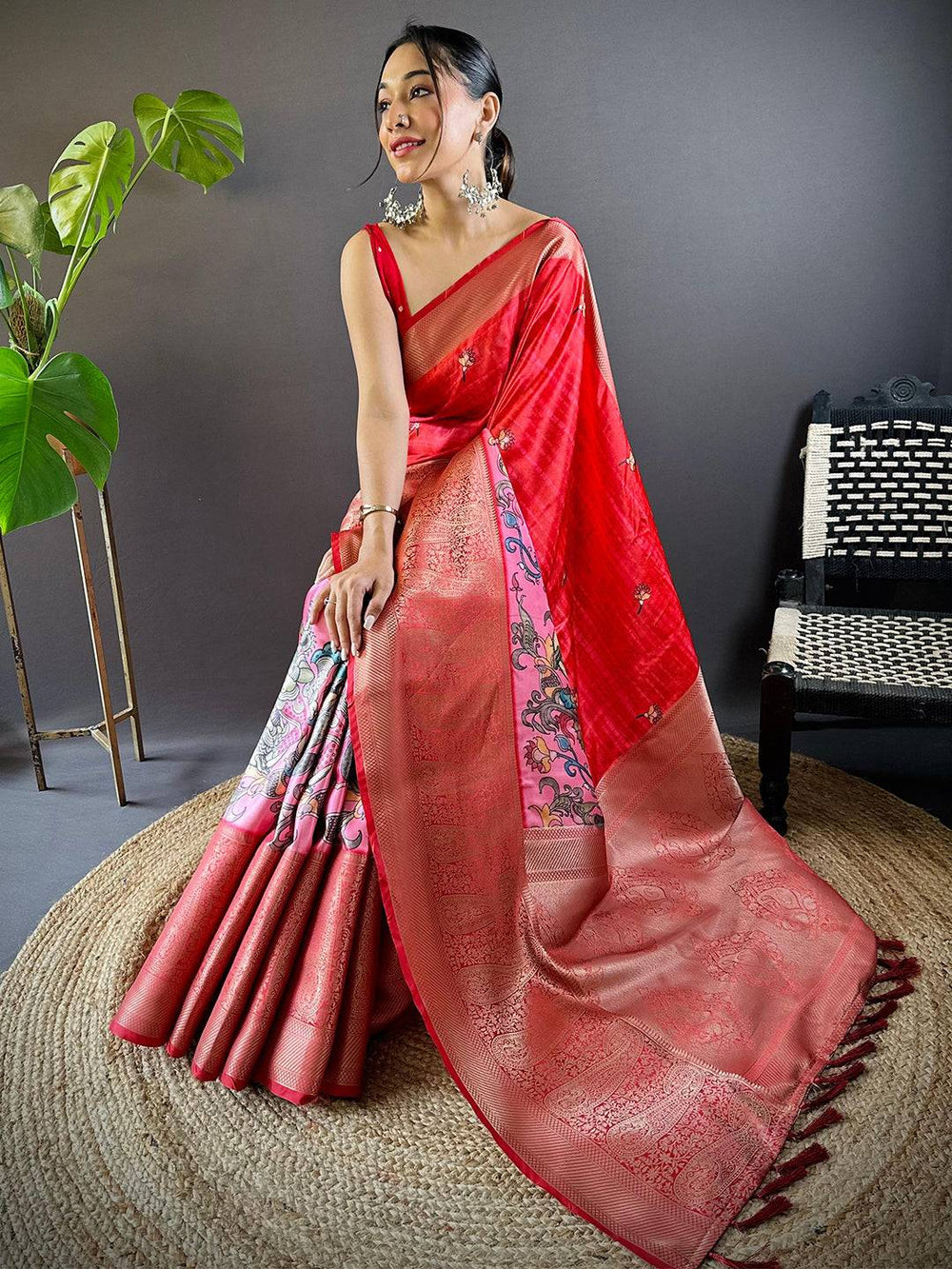 Blush Pink Charry Satin Floral Saree