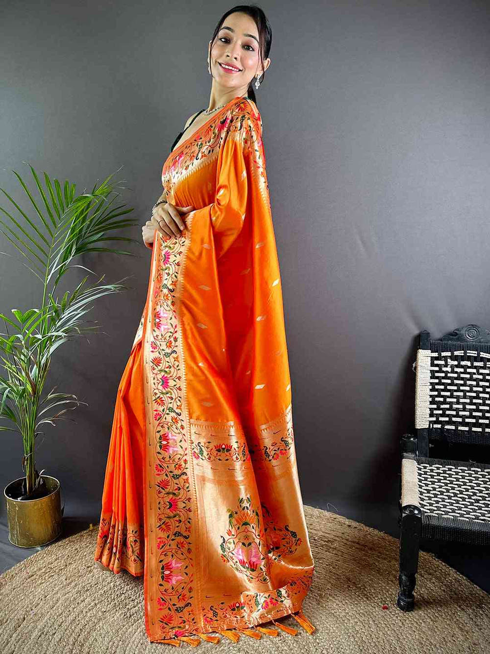 Orange Yevla Paithani Meenakari Saree

