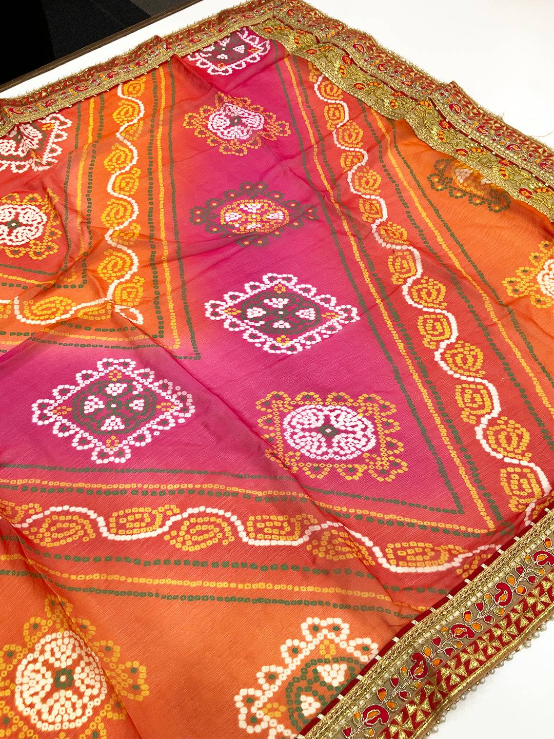 Elegance Bandhej Print Chinnon Foil Saree