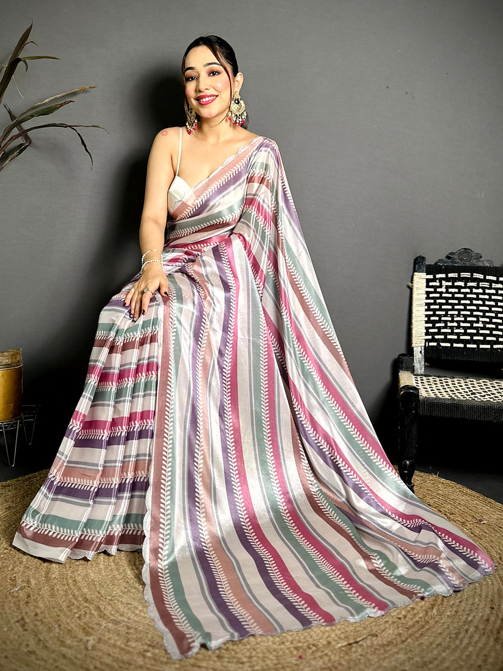 Chiffon Striped Print Diamond Work Saree
