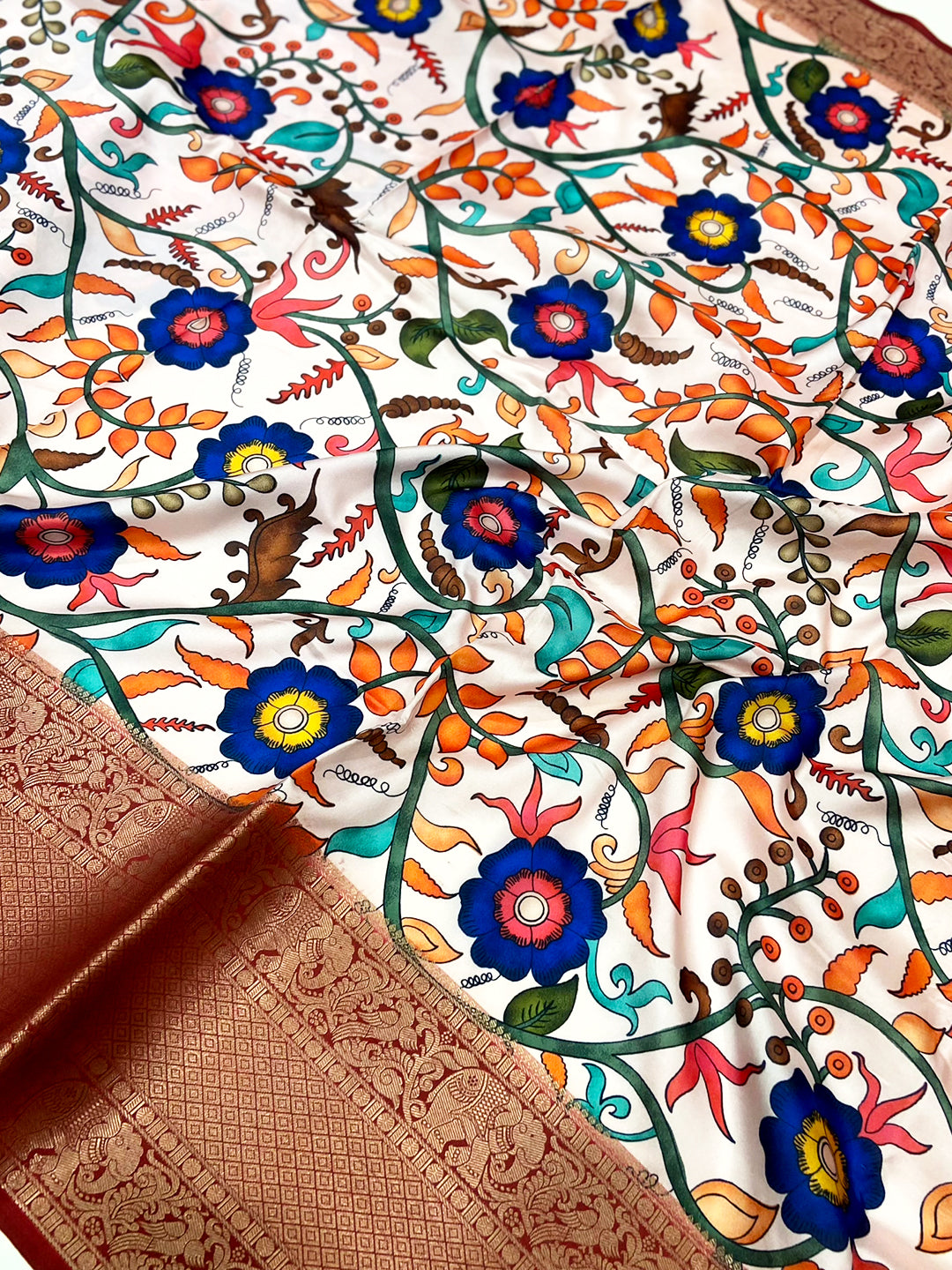 Brown Floral Printed Banarasi Saree