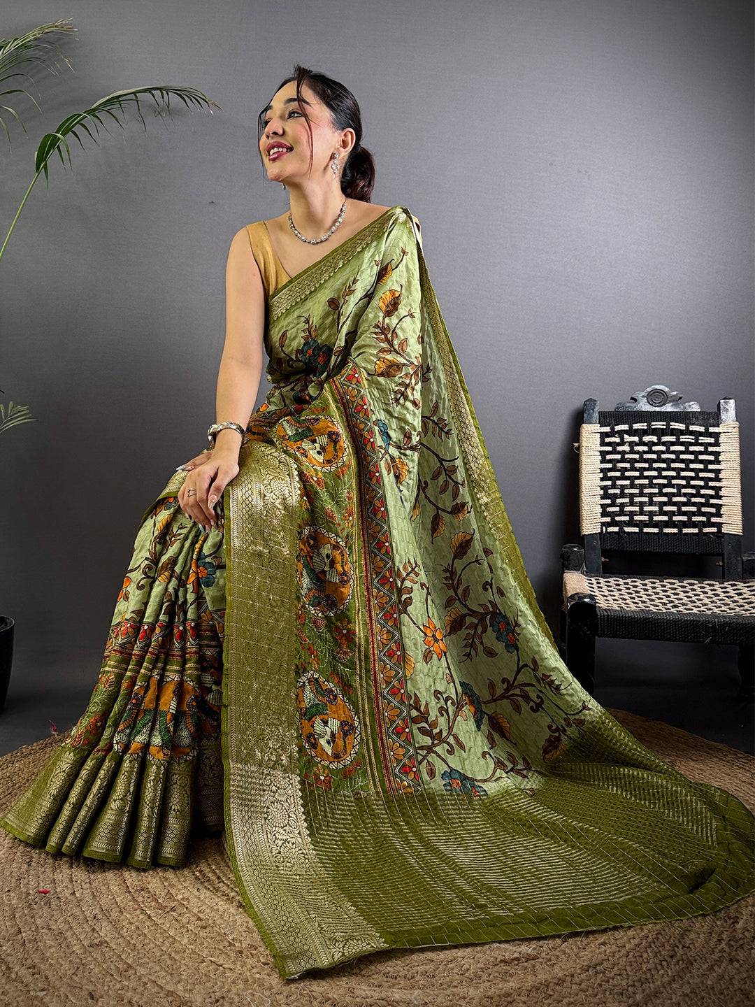 Light Olive Pure Viscose Floral Printed Saree