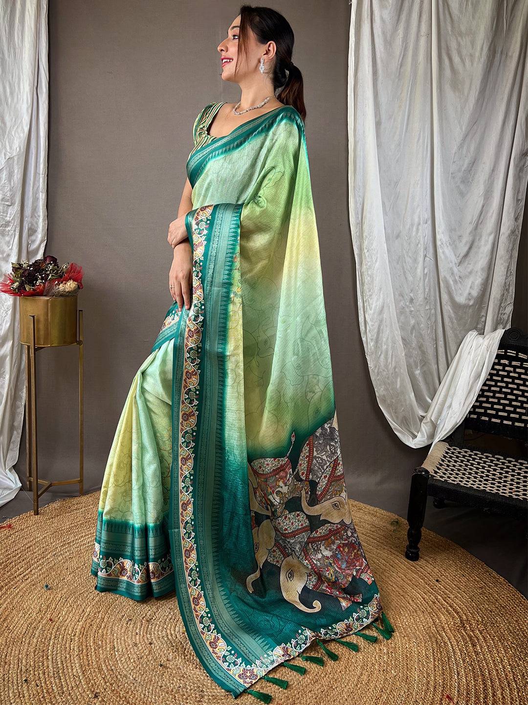 Traditional Emerald Green Kota Saree featuring detailed patterns