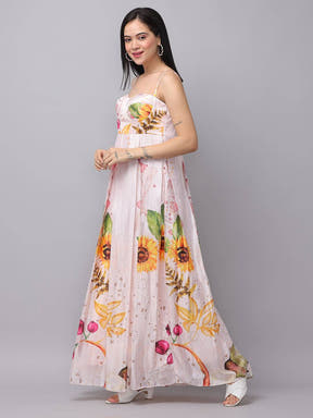 Side view of floral chiffon dress with sweetheart neckline