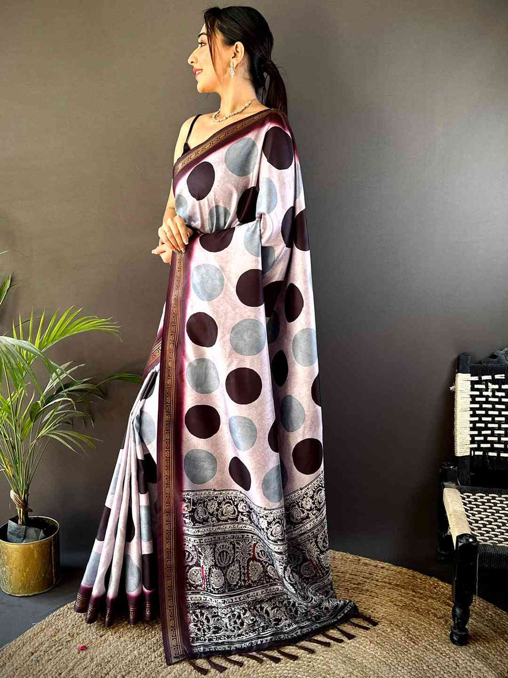 Lavender Soft Silk Polka Dot Print Saree