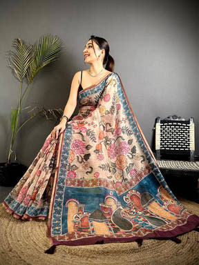 Opulent Floral Kalamkari Soft Linen Saree


