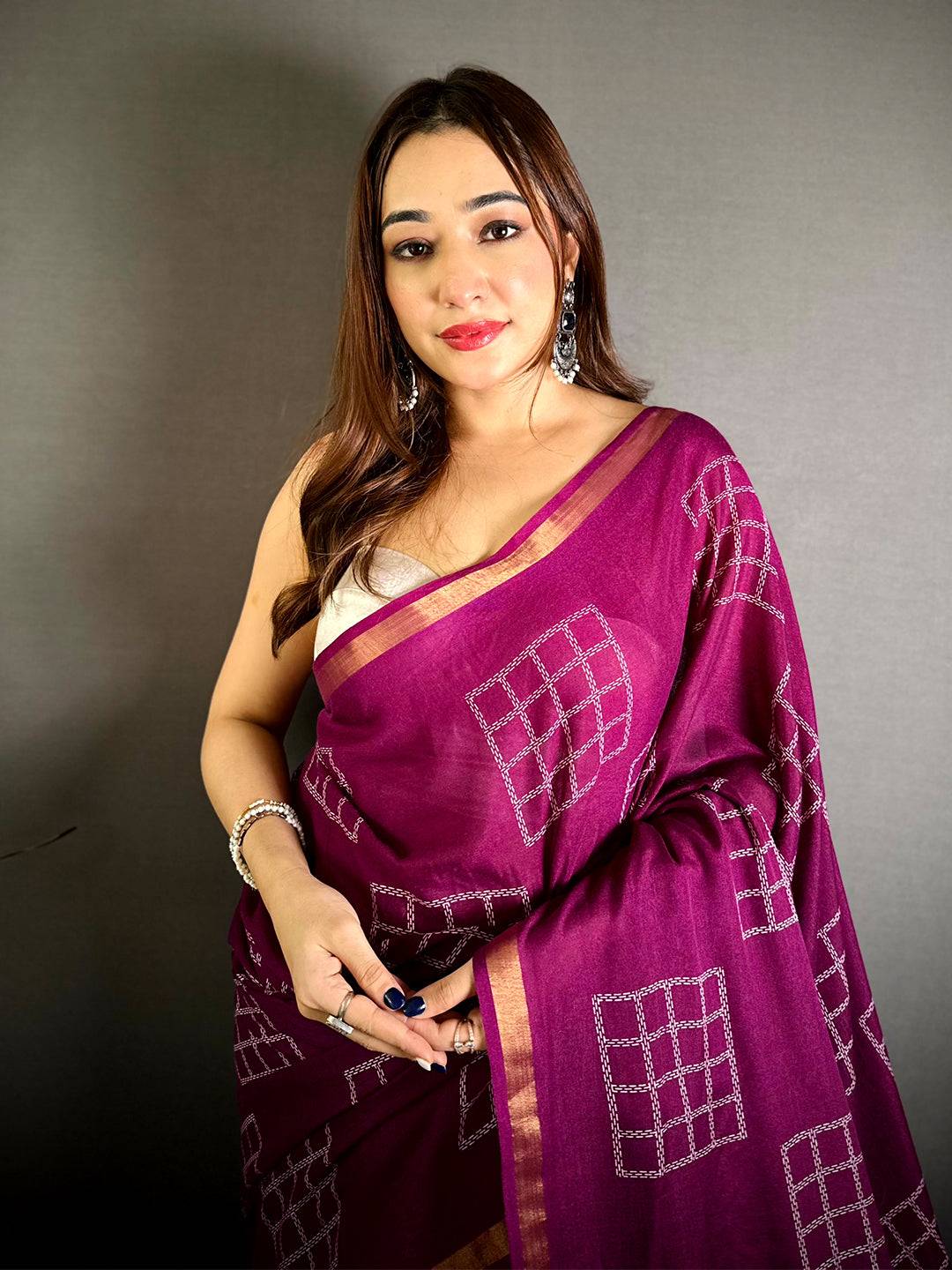 Wine Mul Cotton Kalamkari Print Pallu Saree