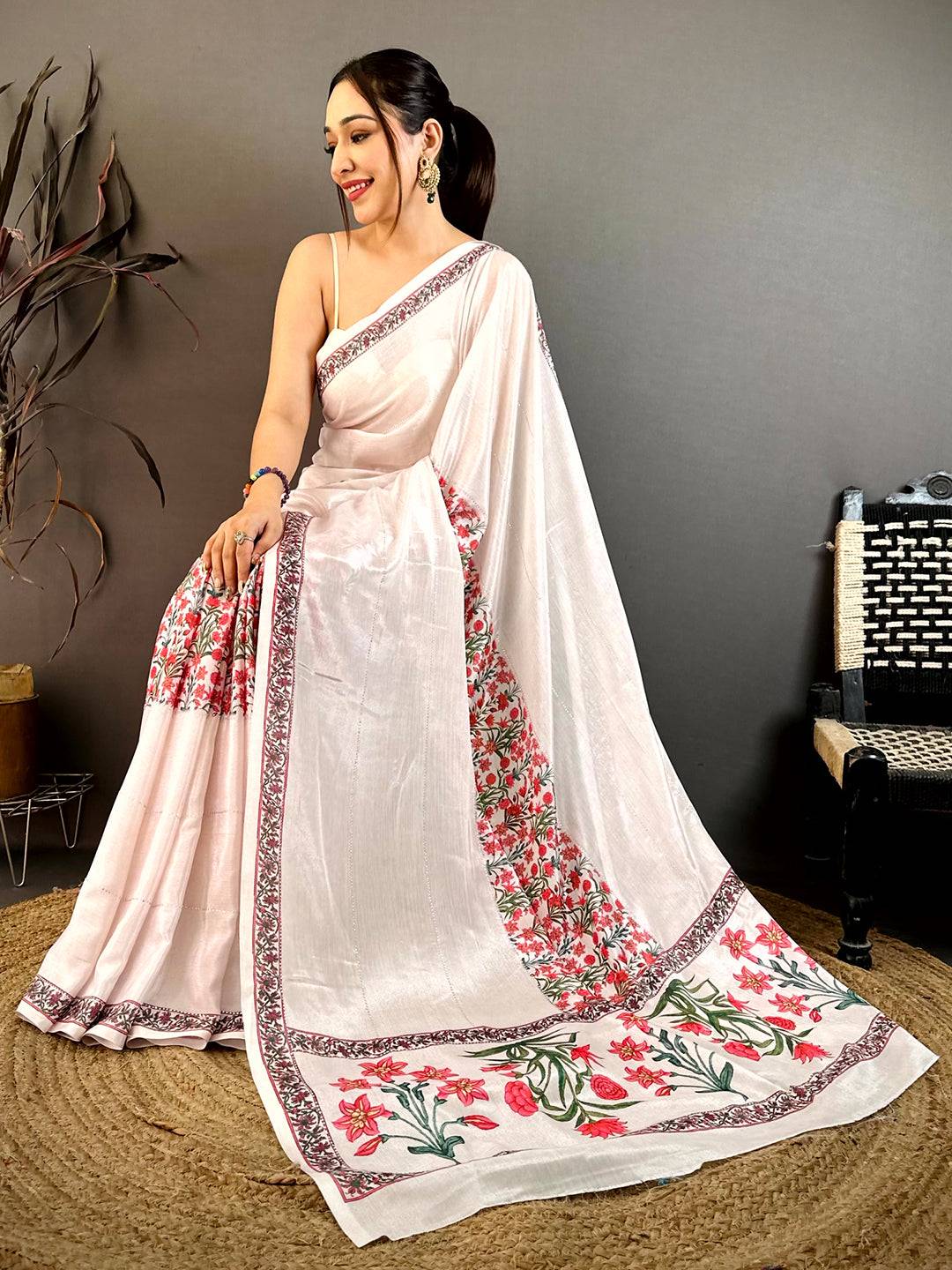 Elegant White Floral Soft Chiffon Saree