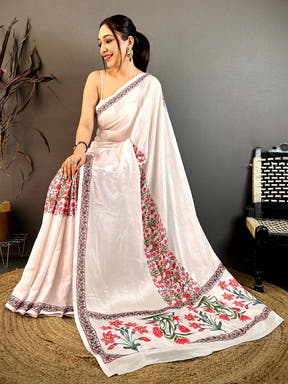 Elegant White Floral Soft Chiffon Saree