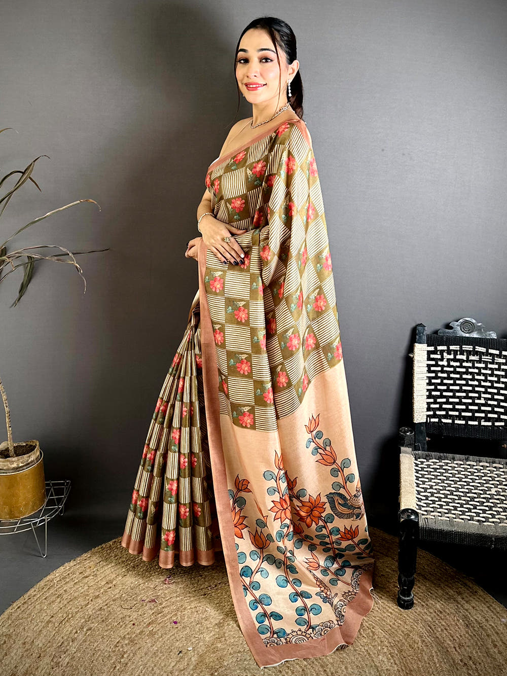 Soft Tussar Striped Check Print Saree