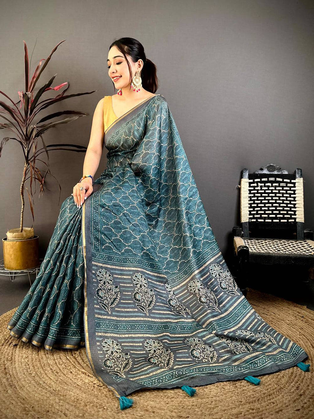Teal Ajrakh Digital Print Kota Saree