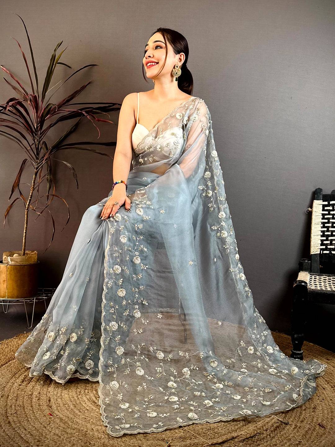 Grey Pearl Sequin Embroidered Organza Saree