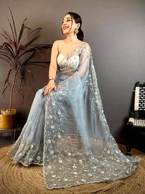 Grey Pearl Sequin Embroidered Organza Saree