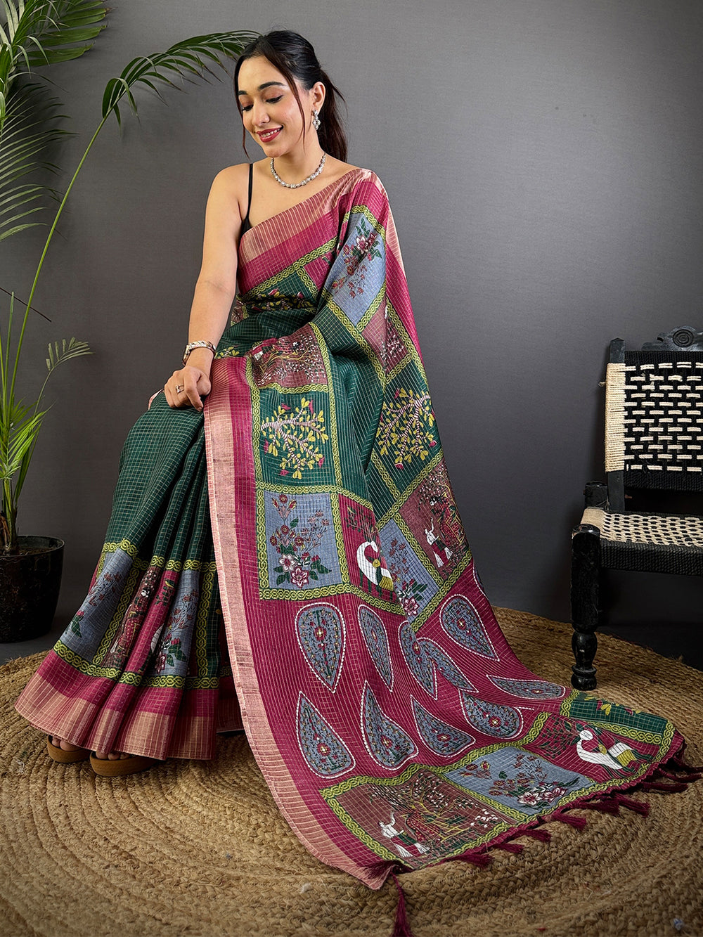 Bottle Green Tussar Kalalmkari Print Saree