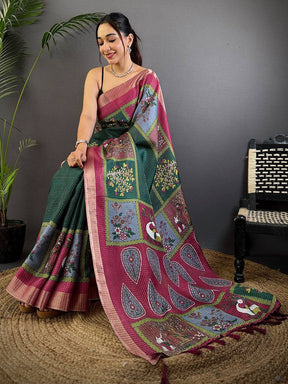 Bottle Green Tussar Kalalmkari Print Saree

